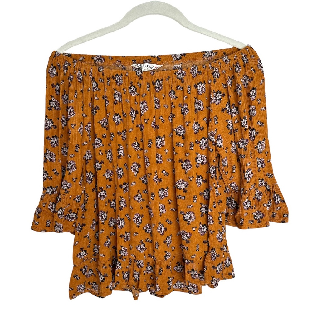 Vanilla Star Off Shoulder Orange Flowy Floral Top Three Quarter Bell Sleeve XL